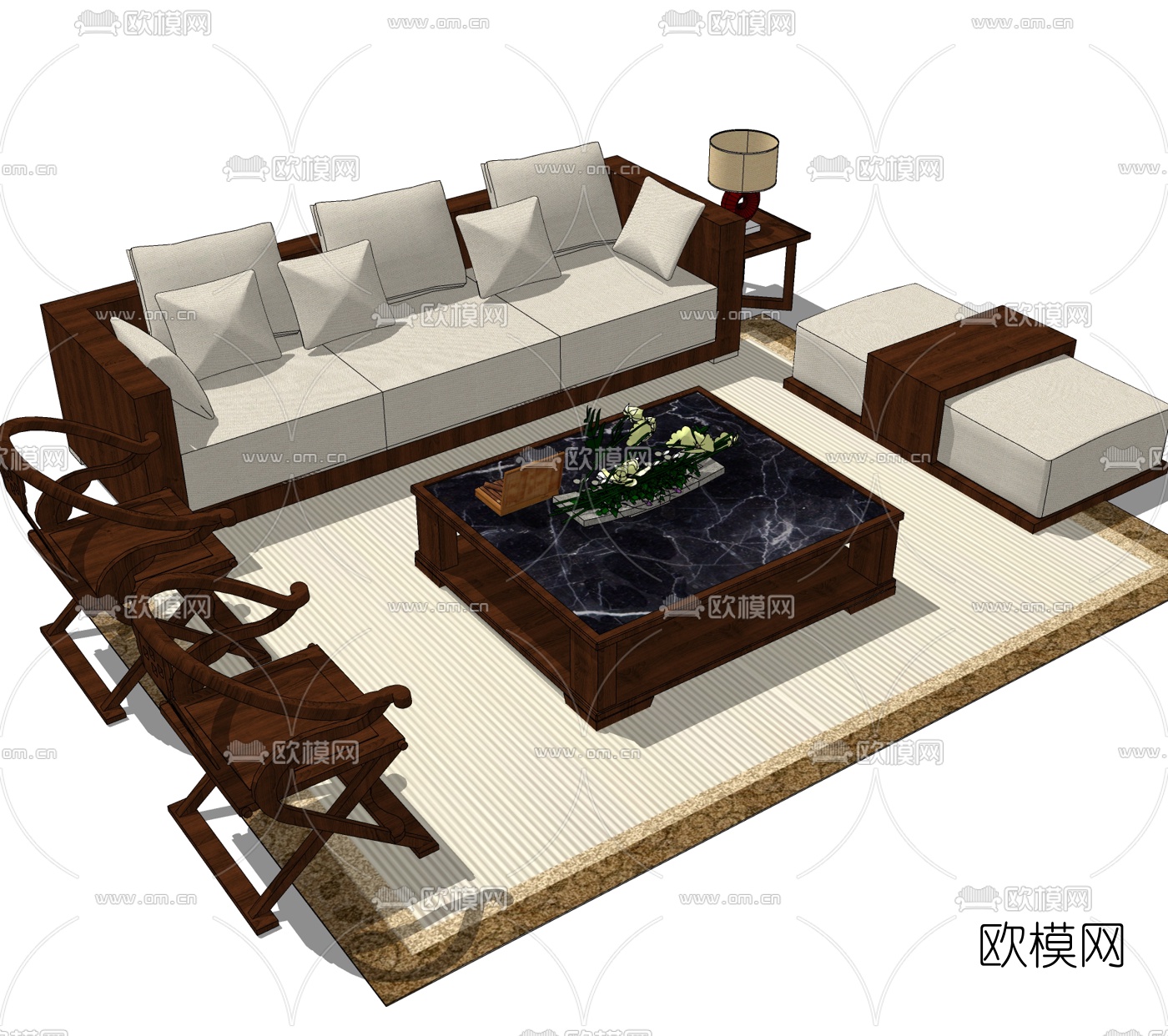 中式实木沙发组合免费su模型下载