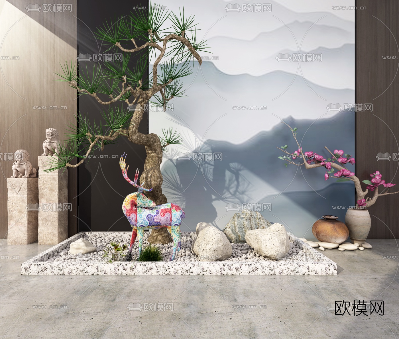 新中式松树鹿景观小品3d模型