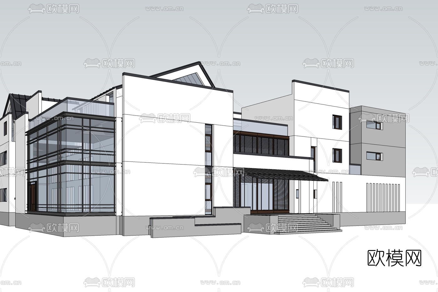现代办公室外观免费su模型下载