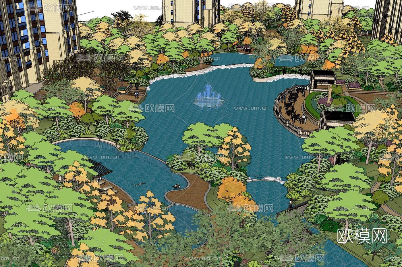现代公园水池景观免费su模型下载