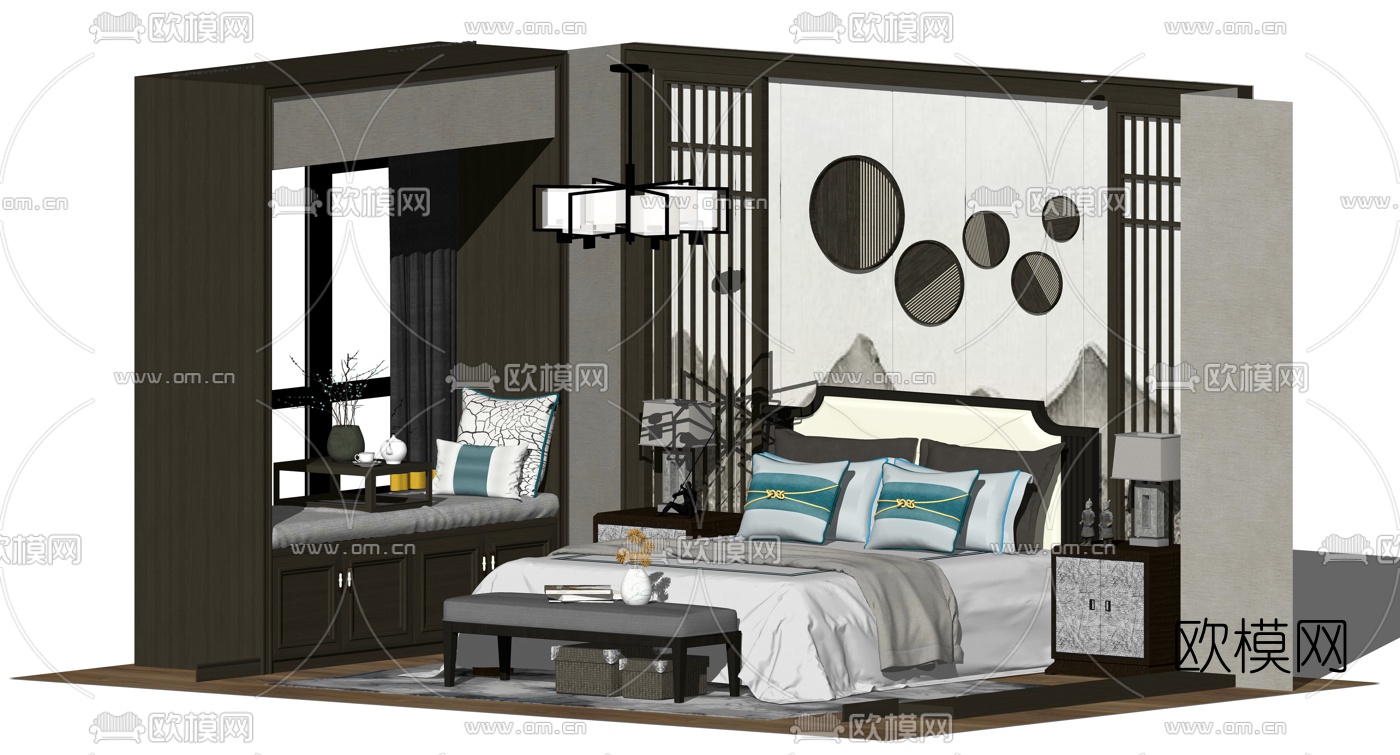 新中式布艺双人床su模型下载（渲染图2）