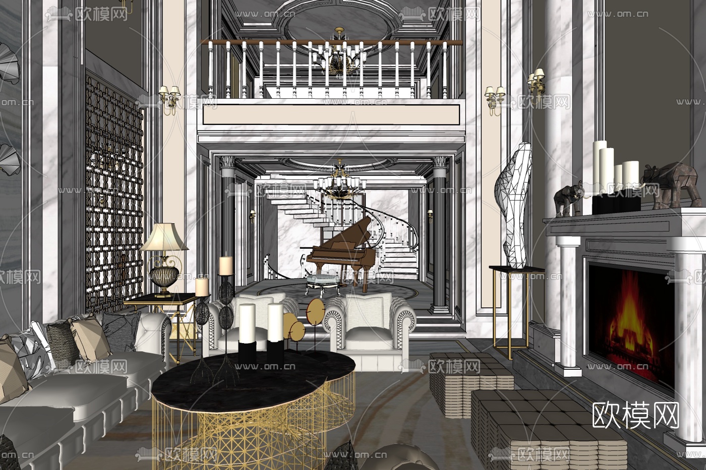 欧式别墅客厅免费su模型下载