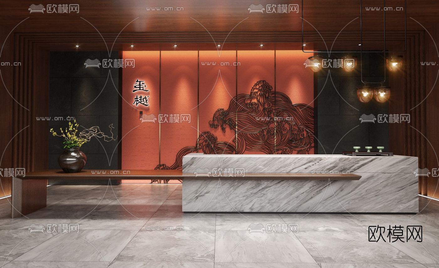 创时空设计 新中式大理石服务台3d模型下载