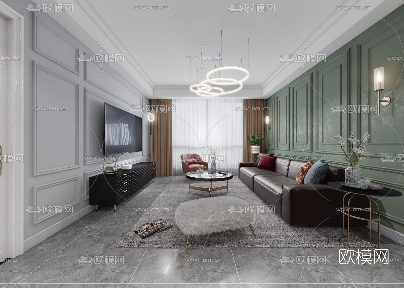 后现代客厅餐厅3d模型下载（渲染图1）