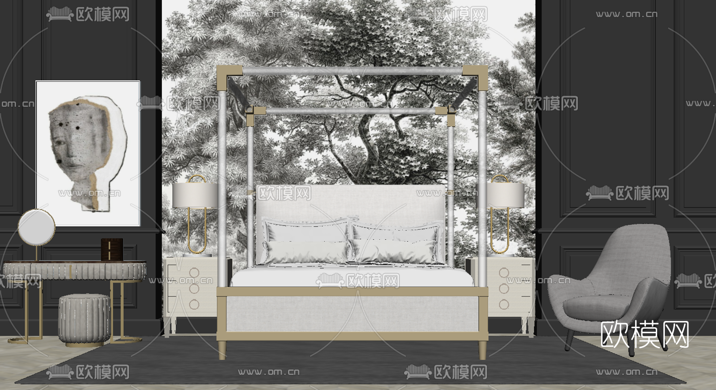 现代布艺双人床su模型下载