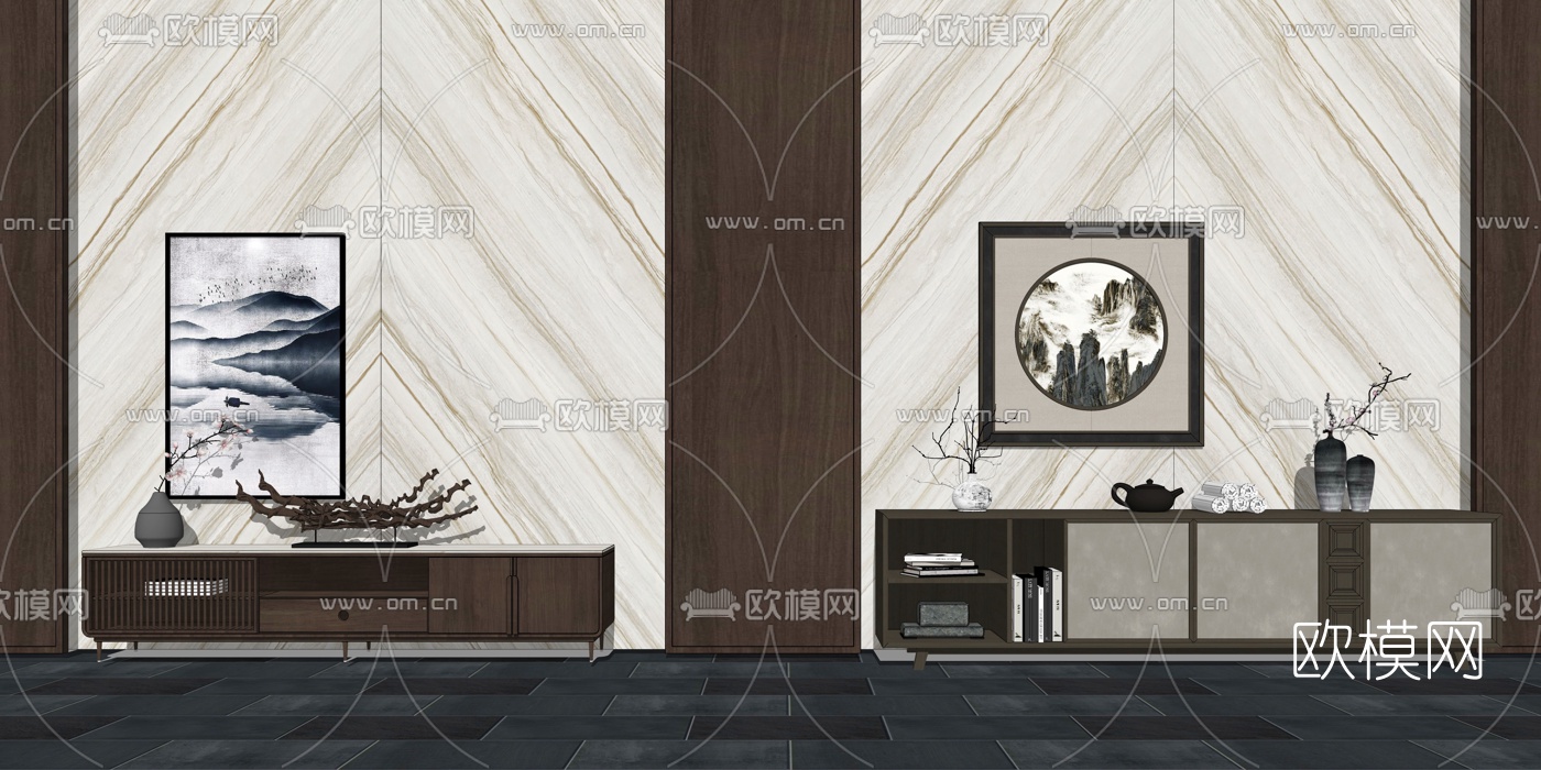 新中式电视柜背景墙组合su模型