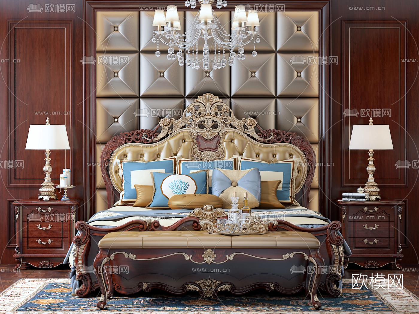 欧式高靠背双人床3d模型下载