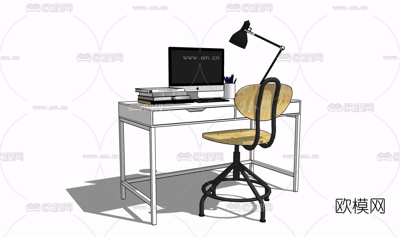 现代实木书桌免费su模型下载