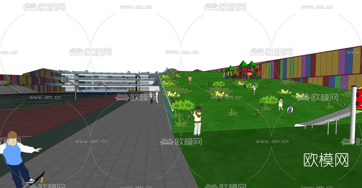 现代学校操场教学楼外观su模型下载（渲染图4）