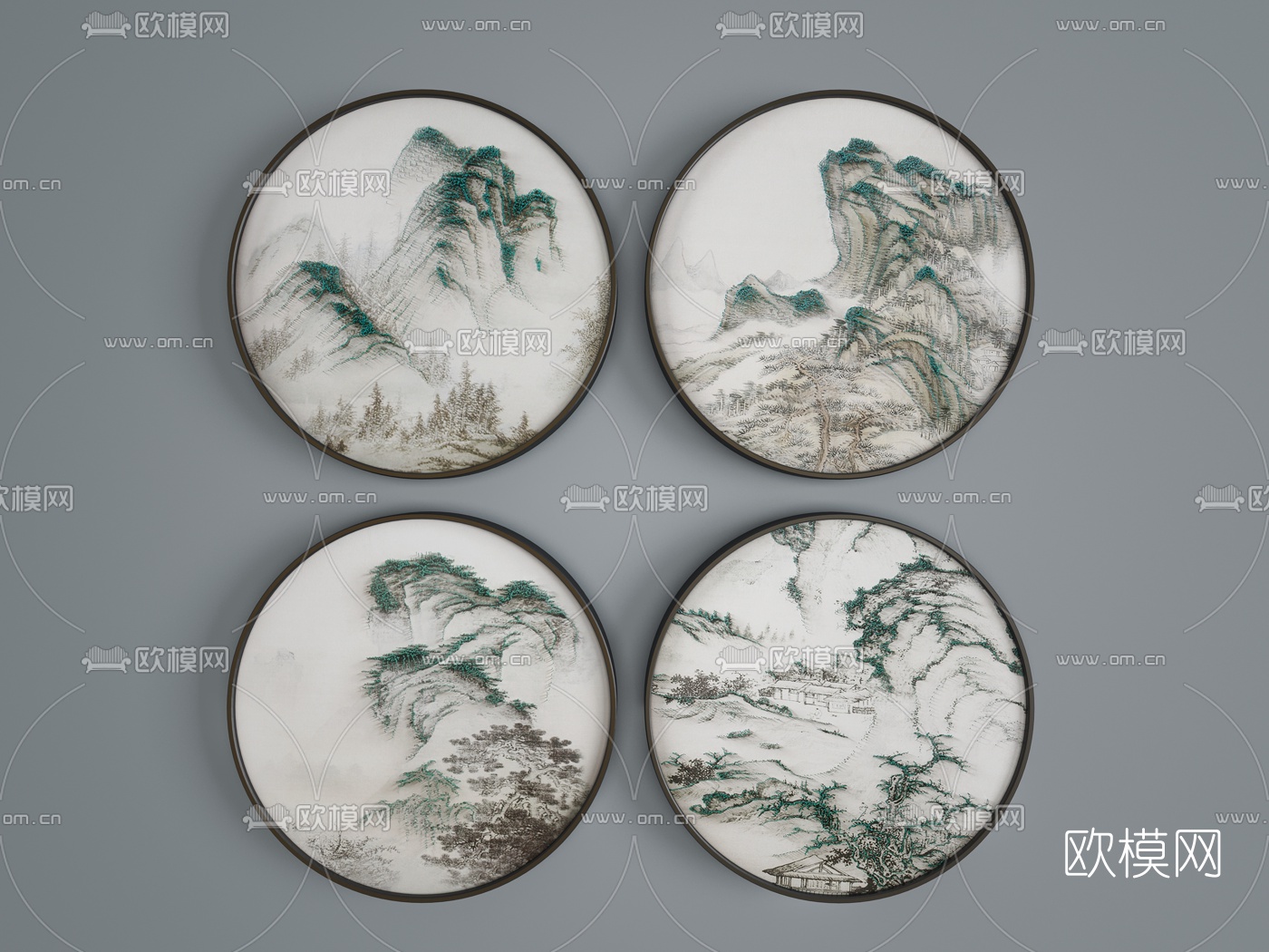 新中式圆形山水装饰画3d模型
