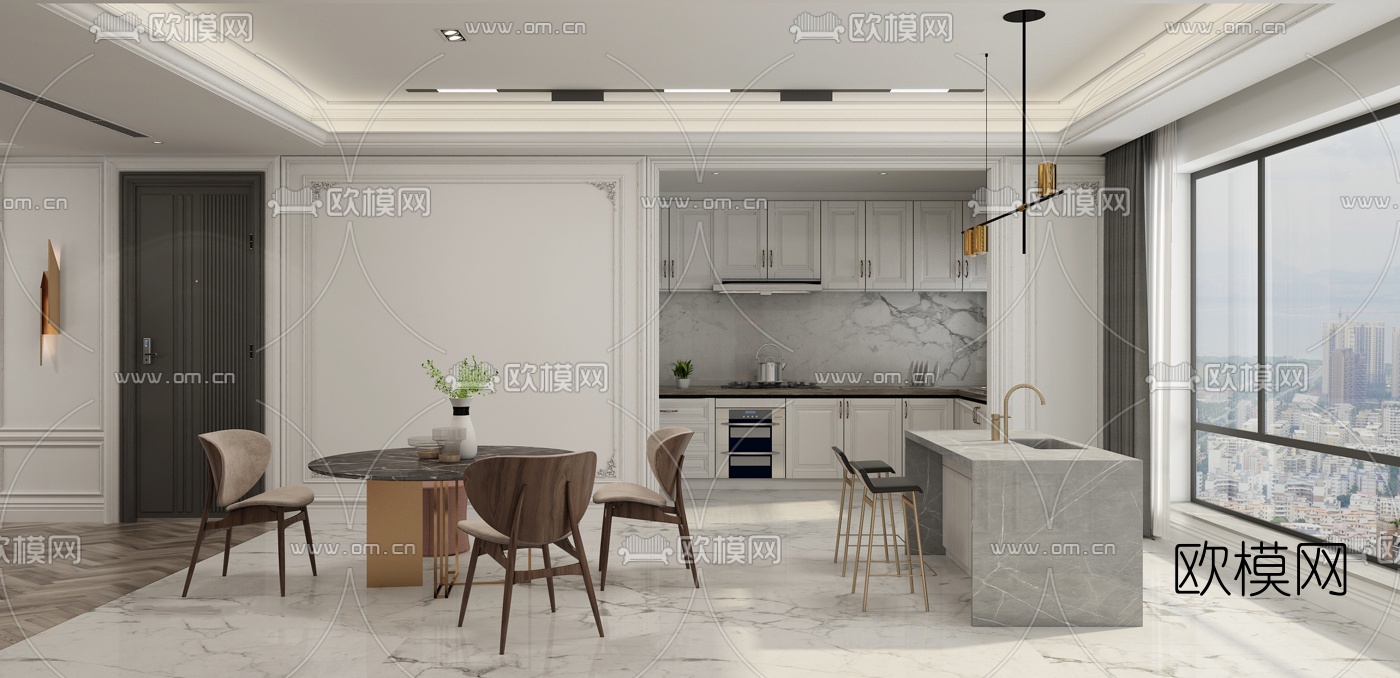 简欧客厅餐厅3d模型下载（渲染图3）