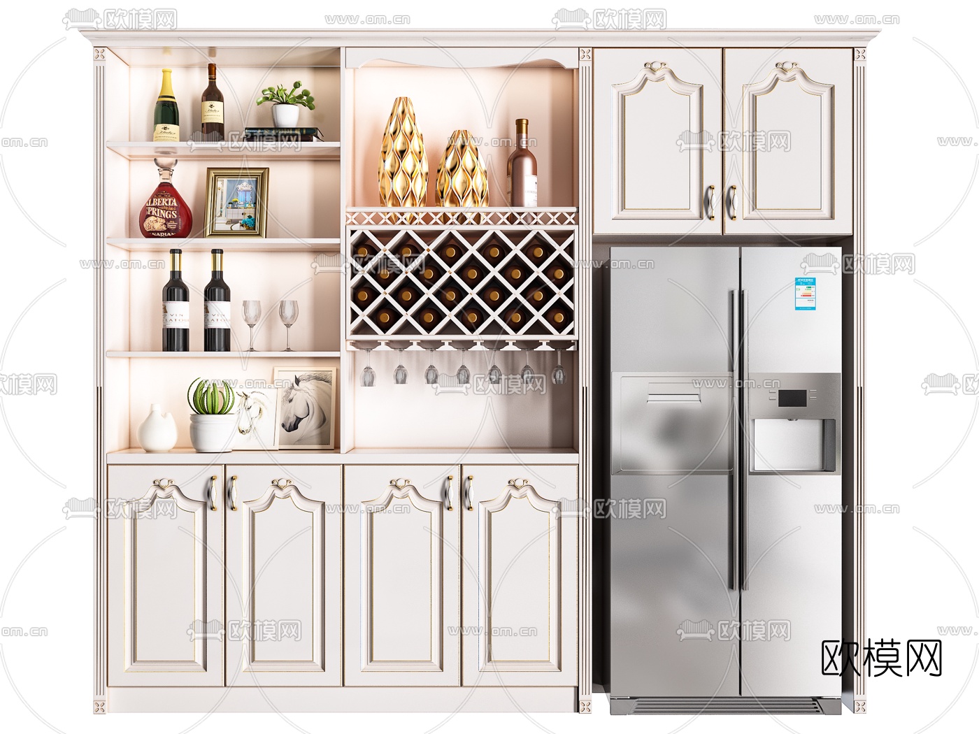 简欧实木酒柜组合3d模型下载（渲染图2）