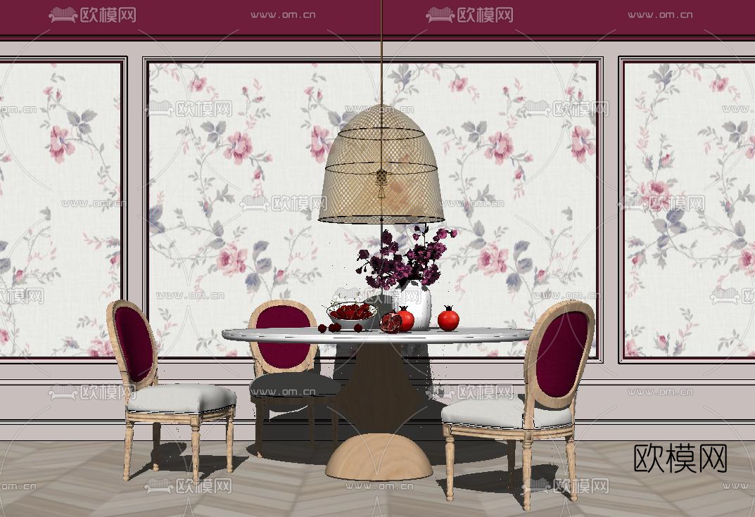 简欧圆形餐桌椅su模型下载