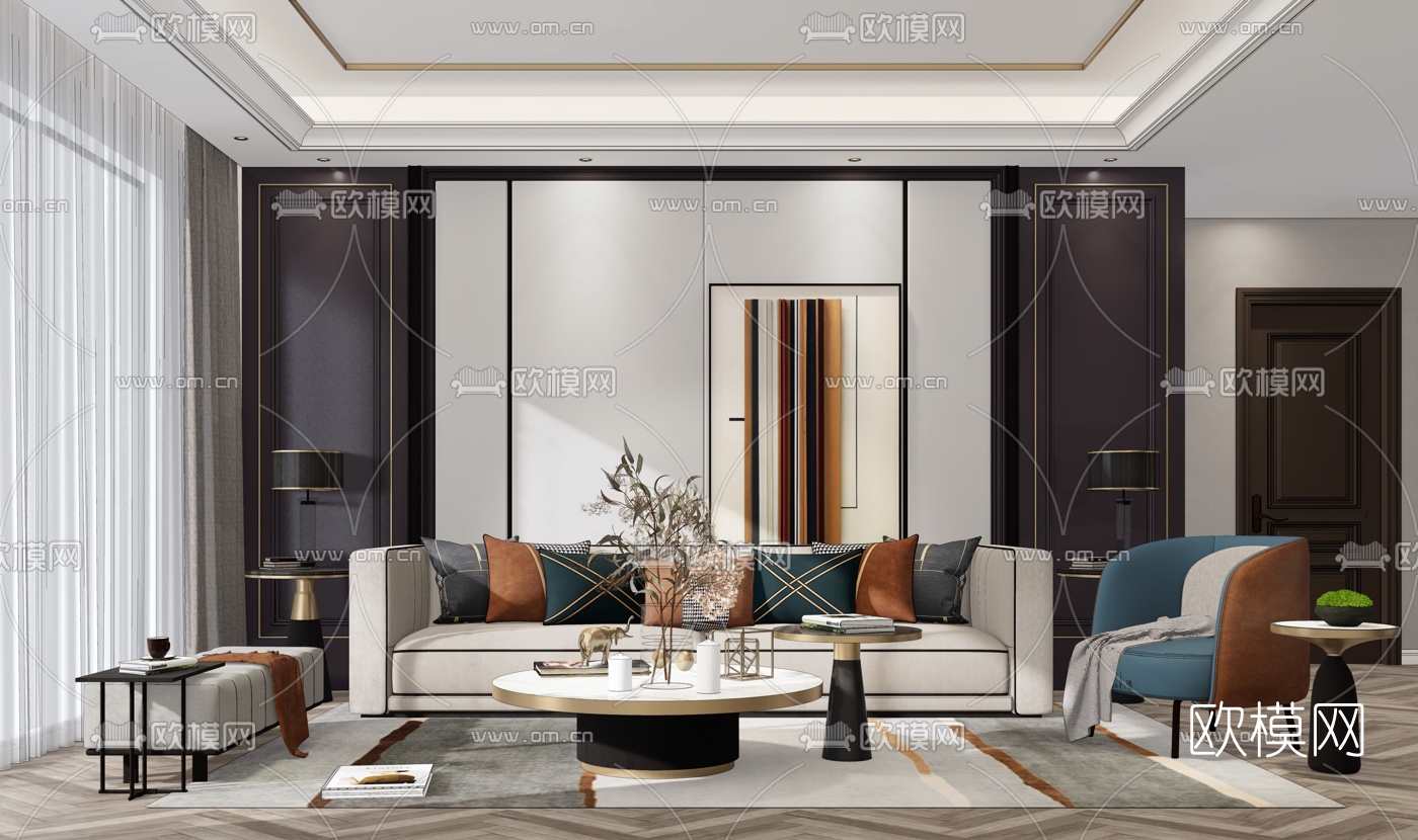 现代轻奢客厅su模型下载（渲染图2）