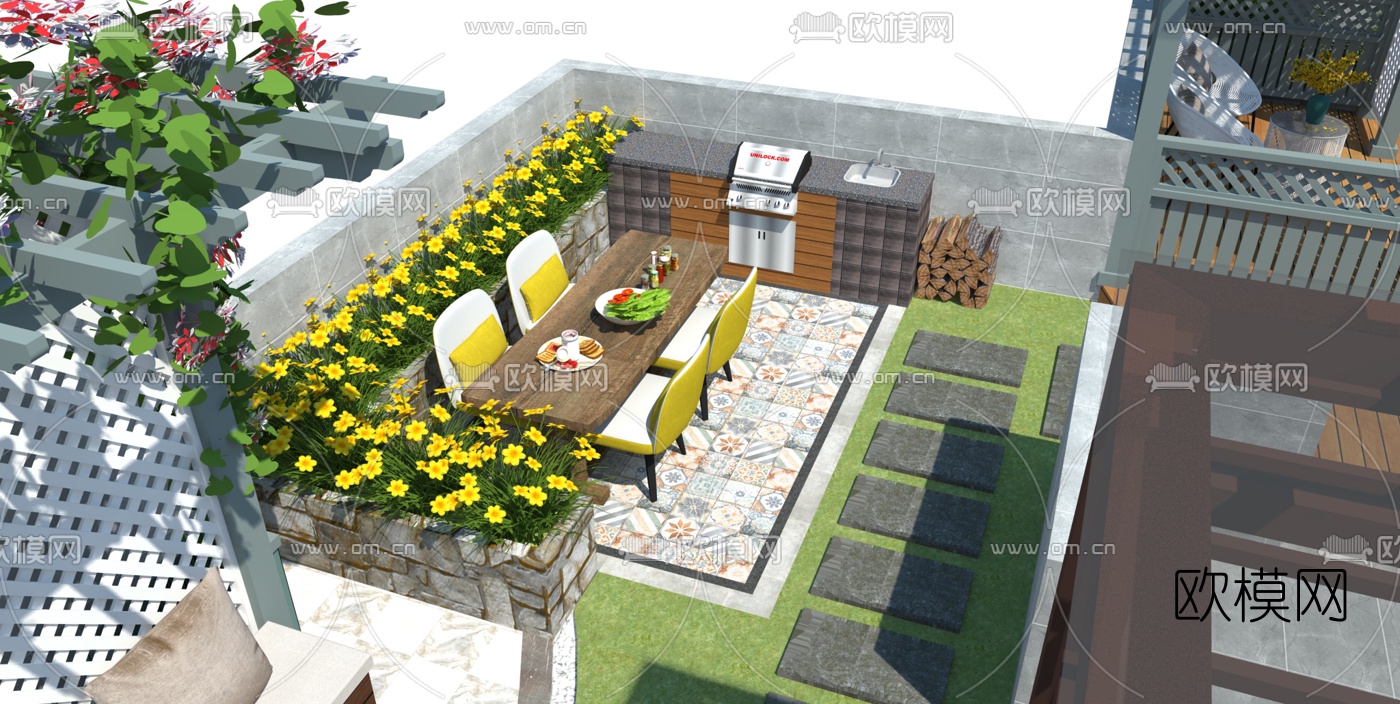简欧屋顶花园su模型下载（渲染图1）