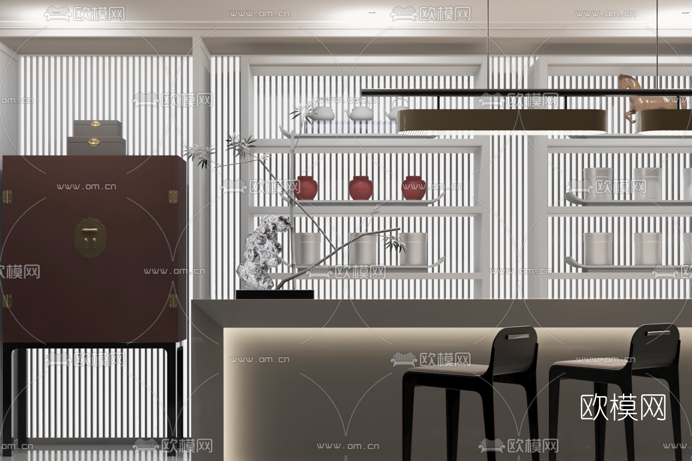新中式吧台吧台椅3d模型