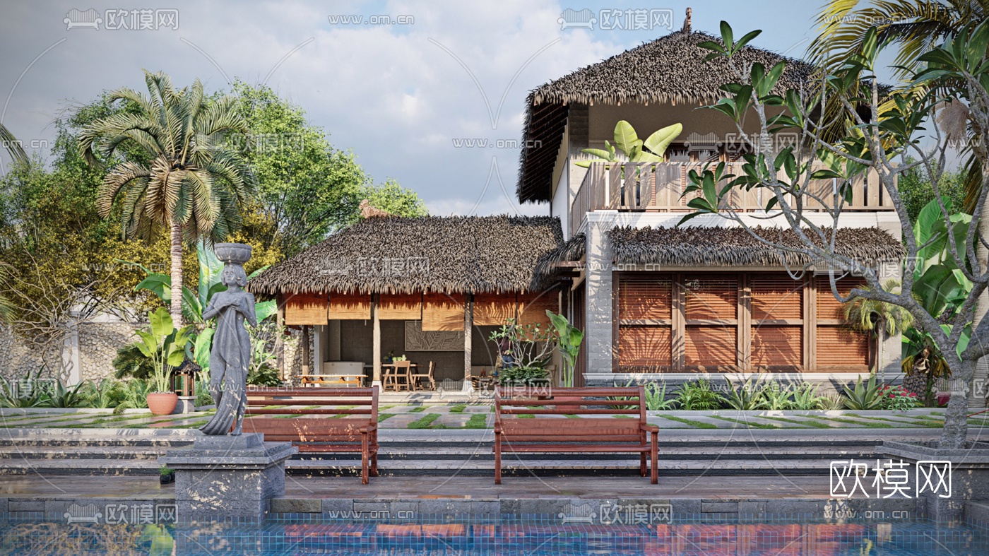 自然风民宿酒店外观su模型下载（渲染图1）