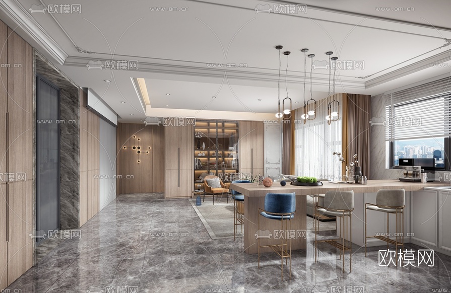 现代轻奢客厅餐厅3d模型下载(渲染图2)