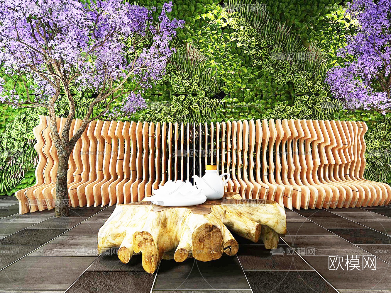 自然风休闲原木长椅茶几3d模型下载