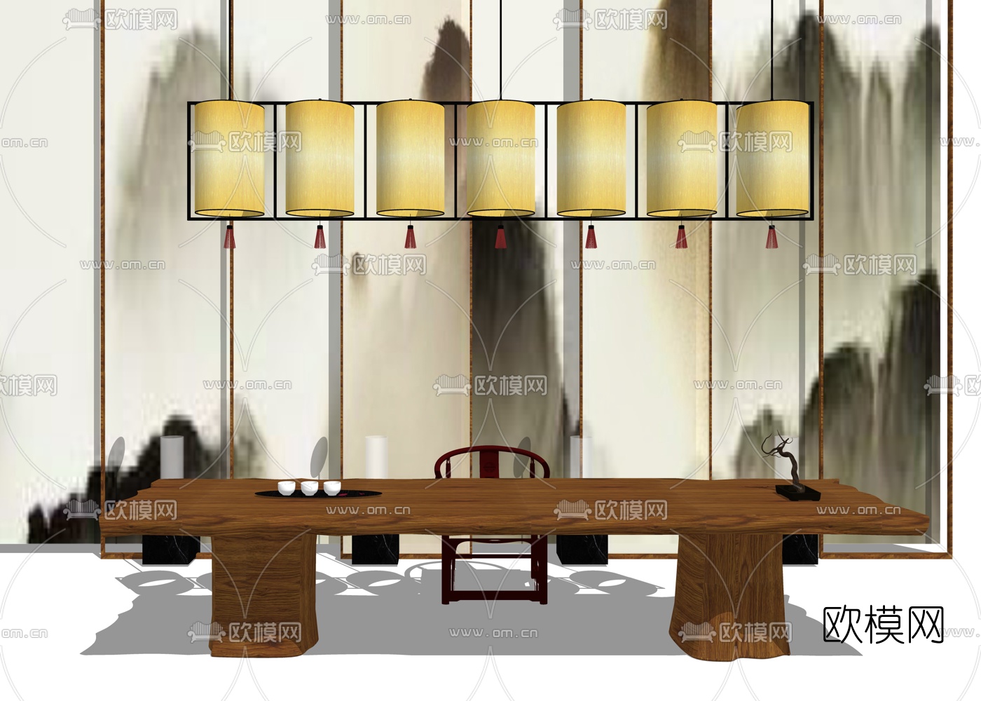 中式实木茶桌椅su模型下载（渲染图1）