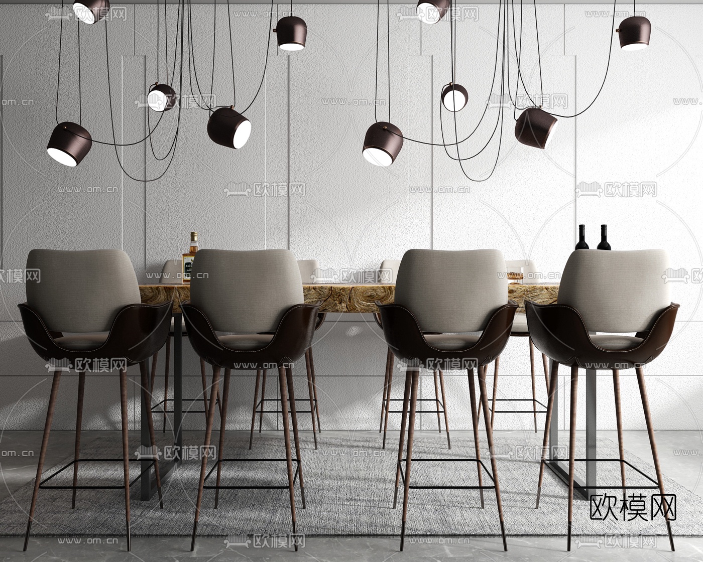 工业风原木餐桌椅3d模型下载