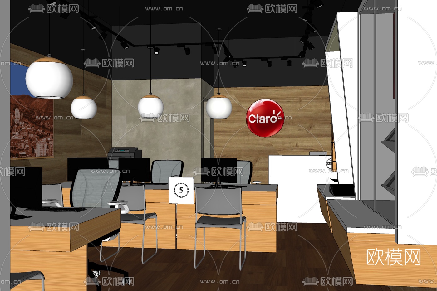 现代敞开式办公室免费su模型下载