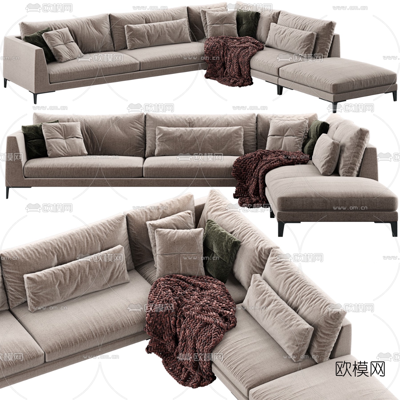 poliform现代布艺转角沙发3d模型-免费3dmax模型库-欧模网