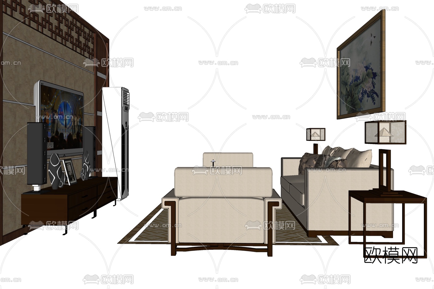 现代布艺组合沙发免费su模型下载