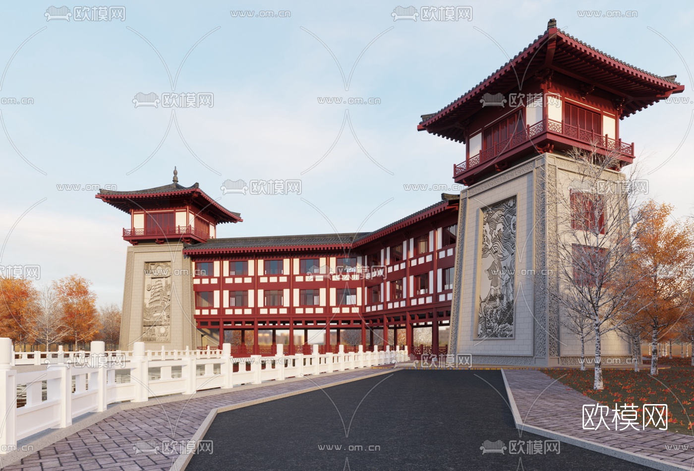 中式水利关口建筑外观3d模型下载（渲染图2）