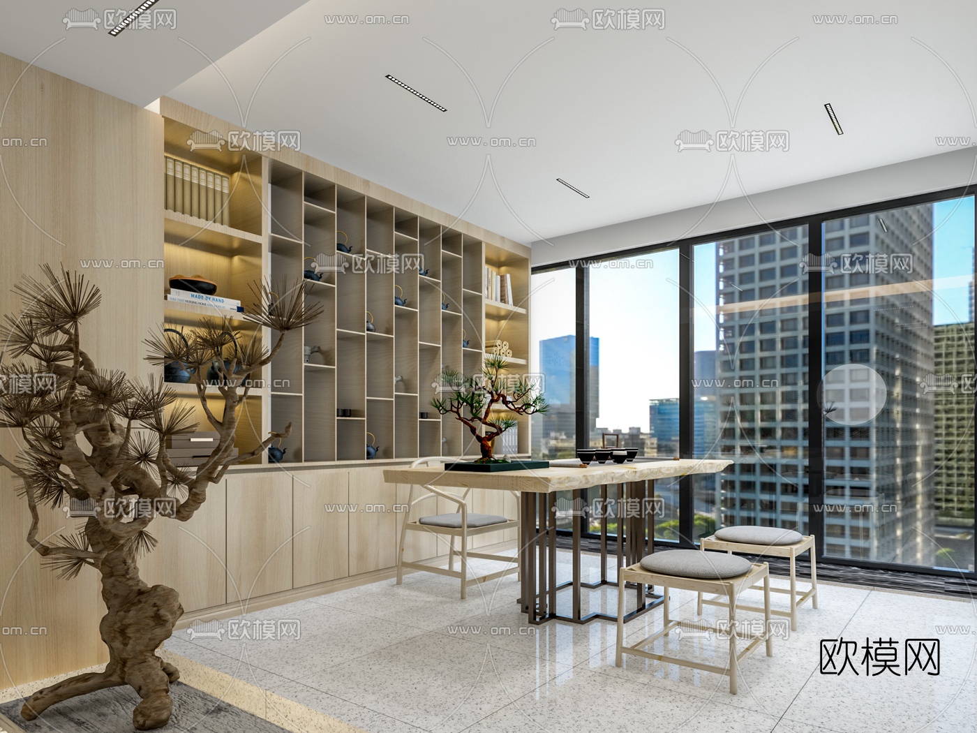 新中式茶室接待室瓦背景墙景观树免费3d模型