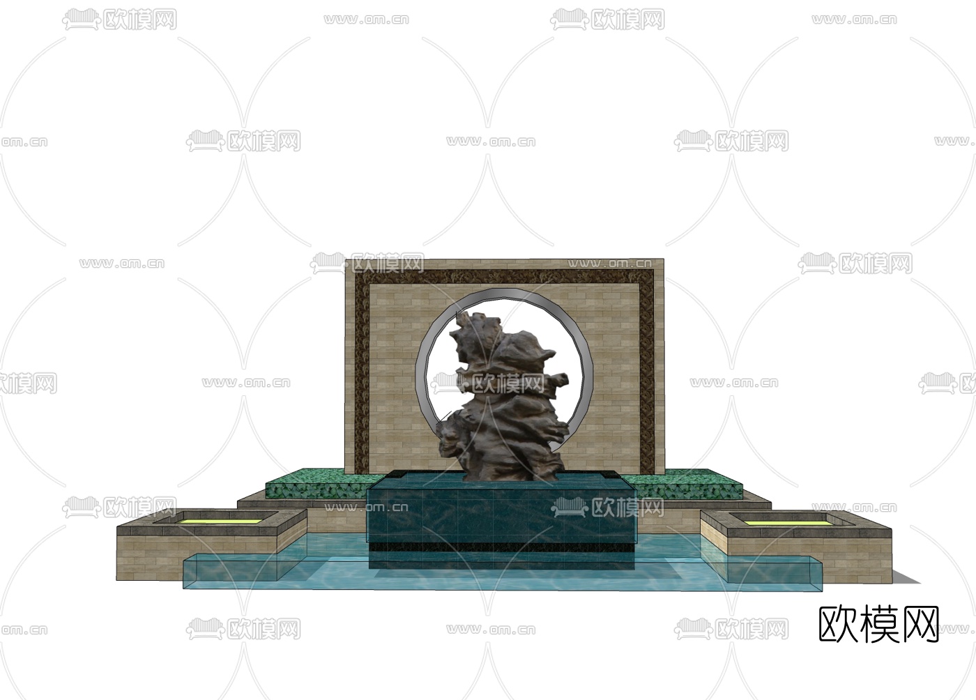 新中式景观水池免费su模型下载