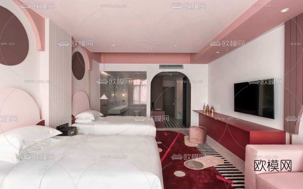 北欧网红酒店客房双床房3d模型下载（渲染图2）