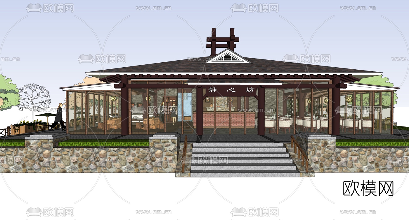 新中式农家餐厅su模型下载（渲染图2）