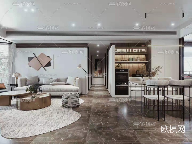 现代客厅餐厅3d模型下载(渲染图1)