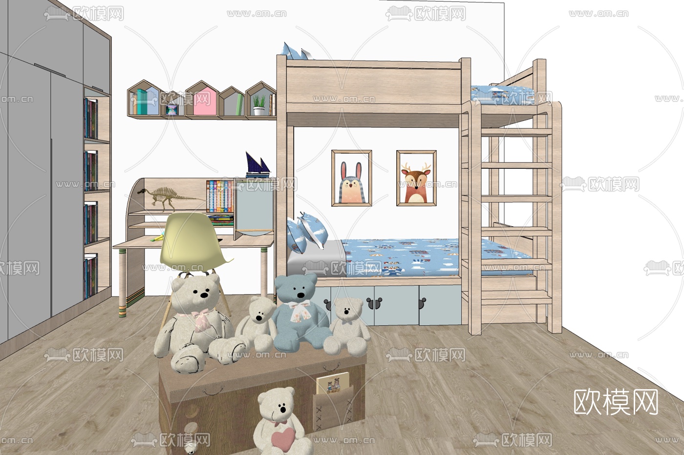 现代实木儿童高低床免费su模型下载