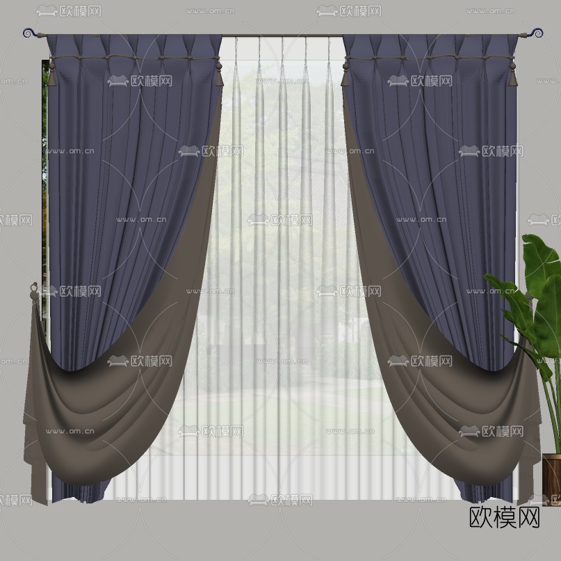 简欧布艺窗帘su模型下载（渲染图3）