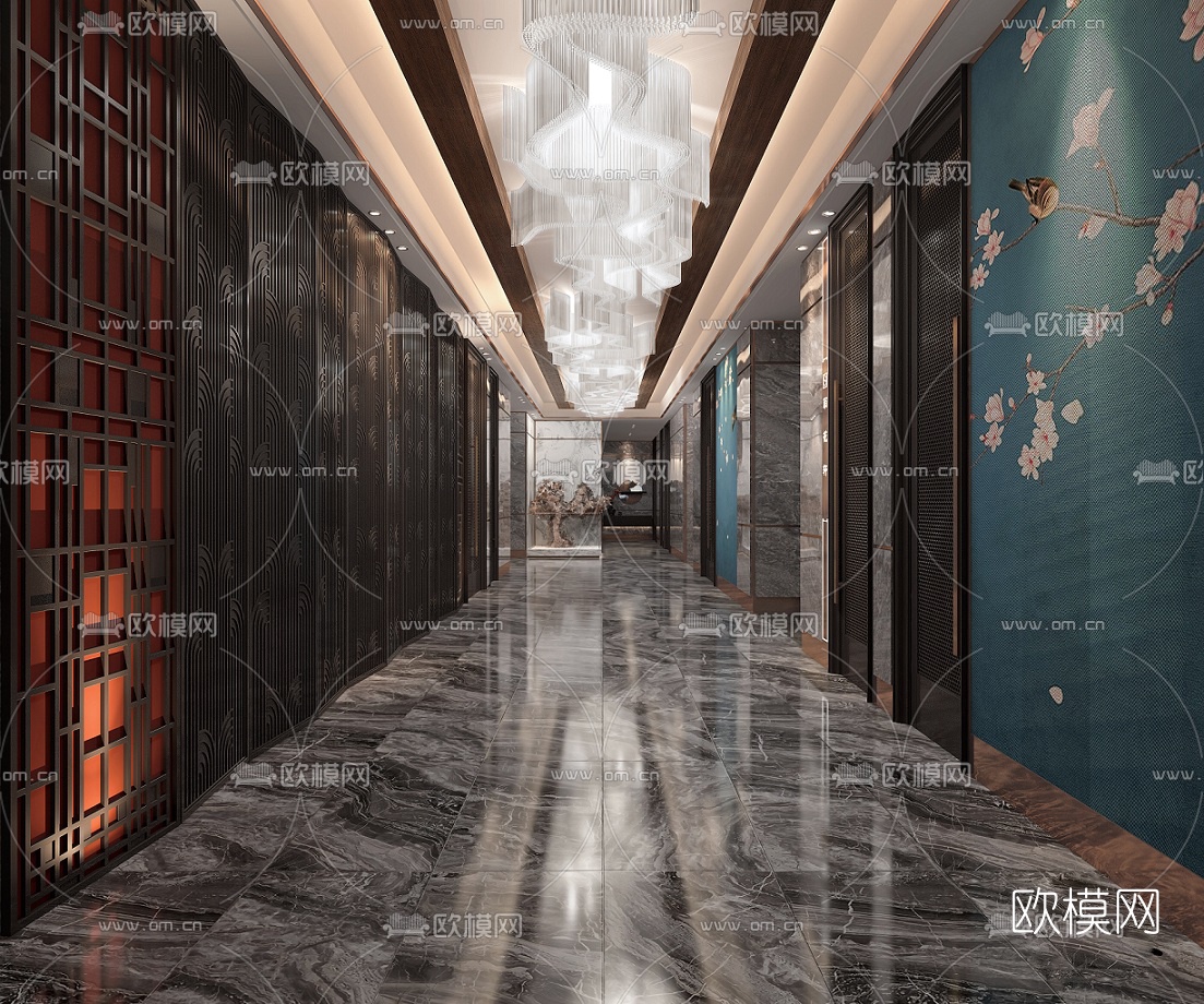 新中式酒店走廊过道3d模型-免费3dmax模型库-欧模网