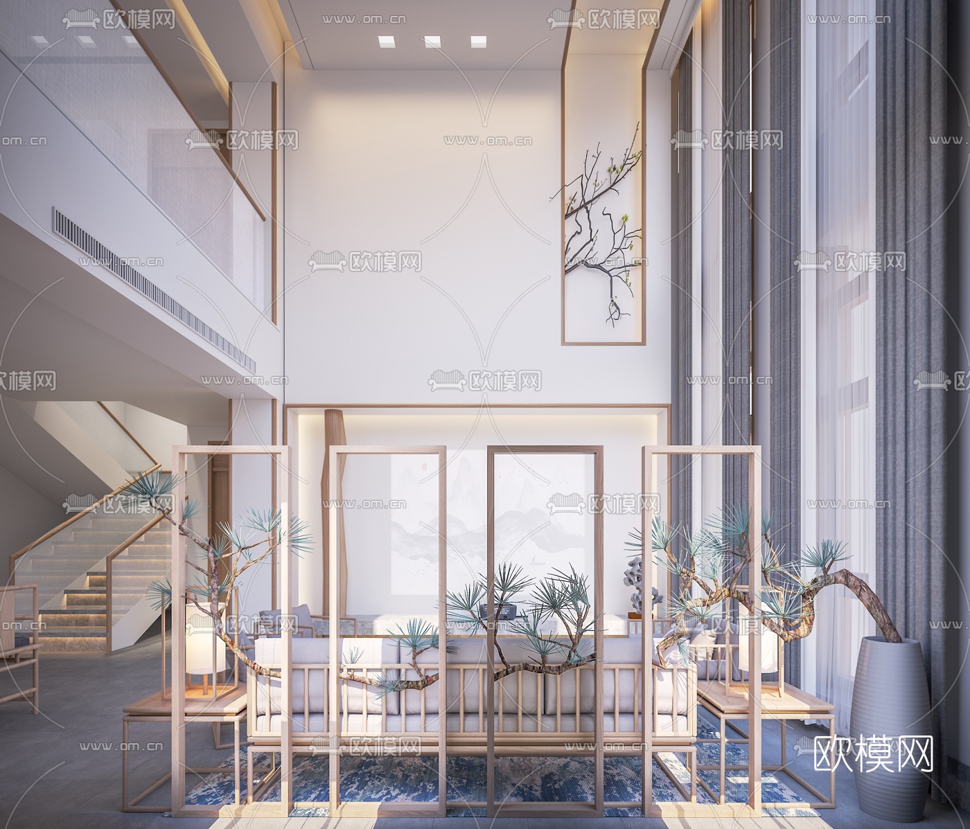 新中式轻奢别墅大堂餐厅3d模型