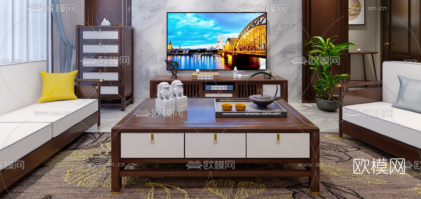 新中式实木电视柜沙发组合免费3d模型下载（渲染图2）
