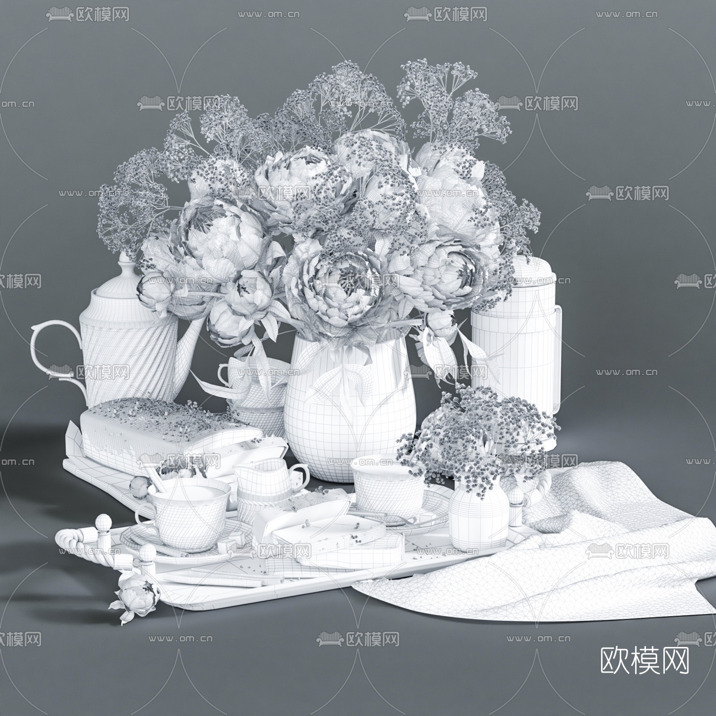 北欧奶油吐司花卉摆件3d模型下载（渲染图2）