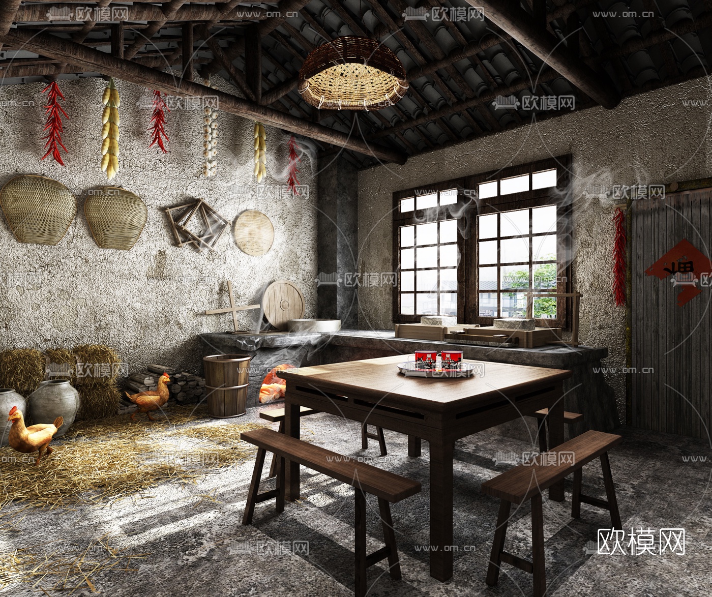 中式农家厨房餐厅3d模型下载