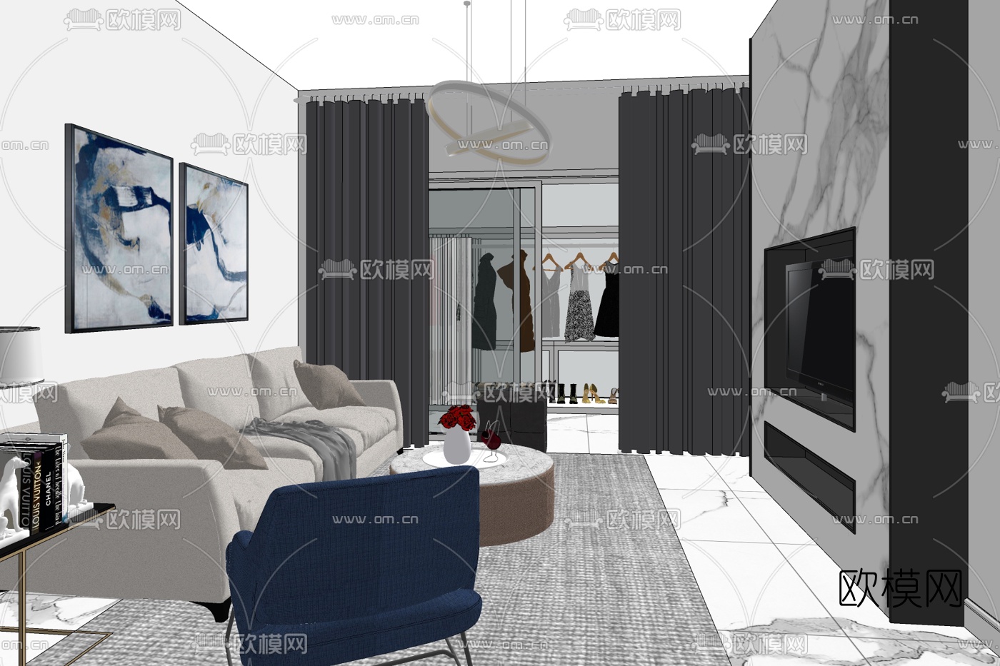 现代简约客厅免费su模型下载