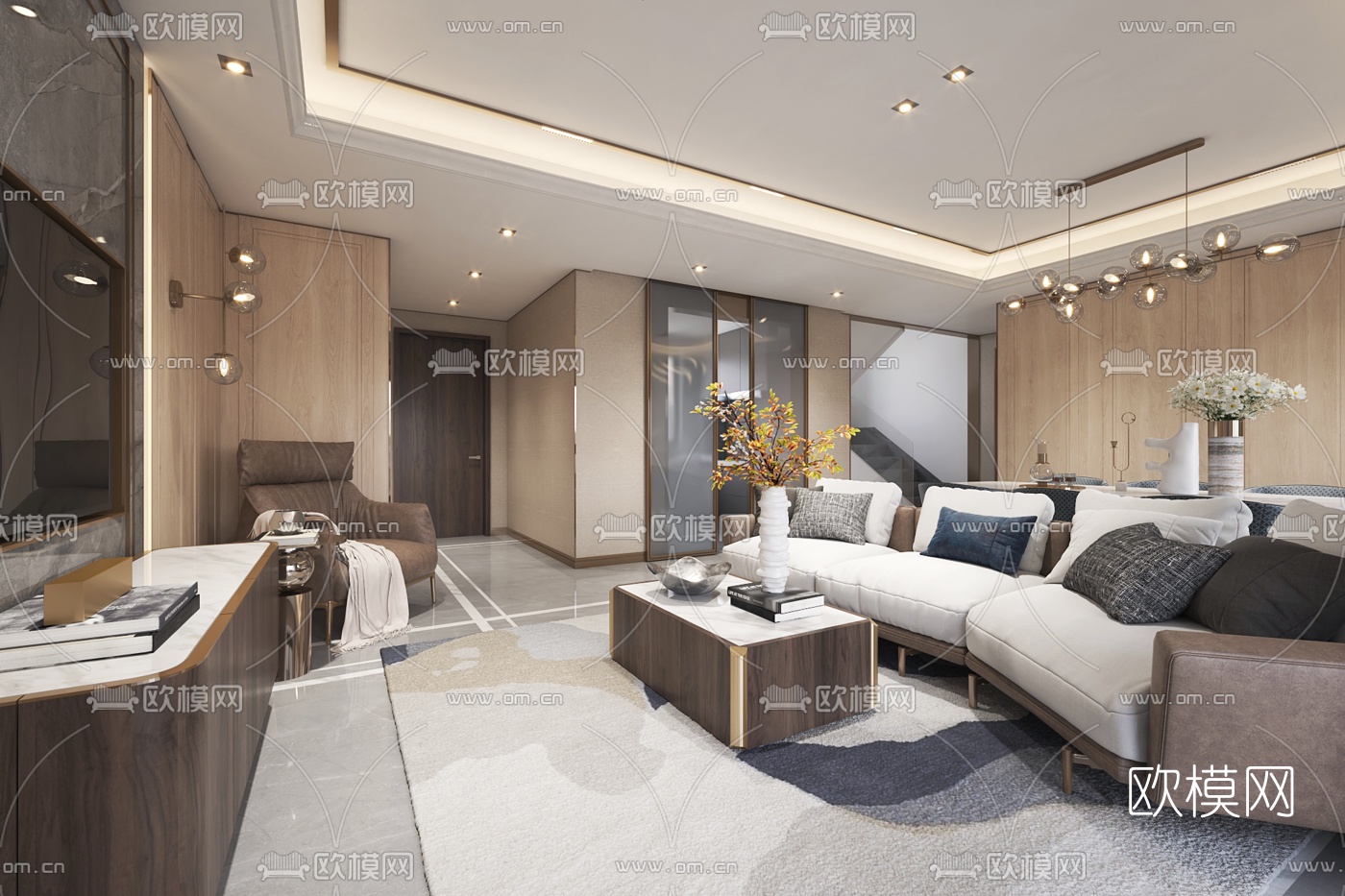 奥迅设计 现代轻奢客厅餐厅3d模型