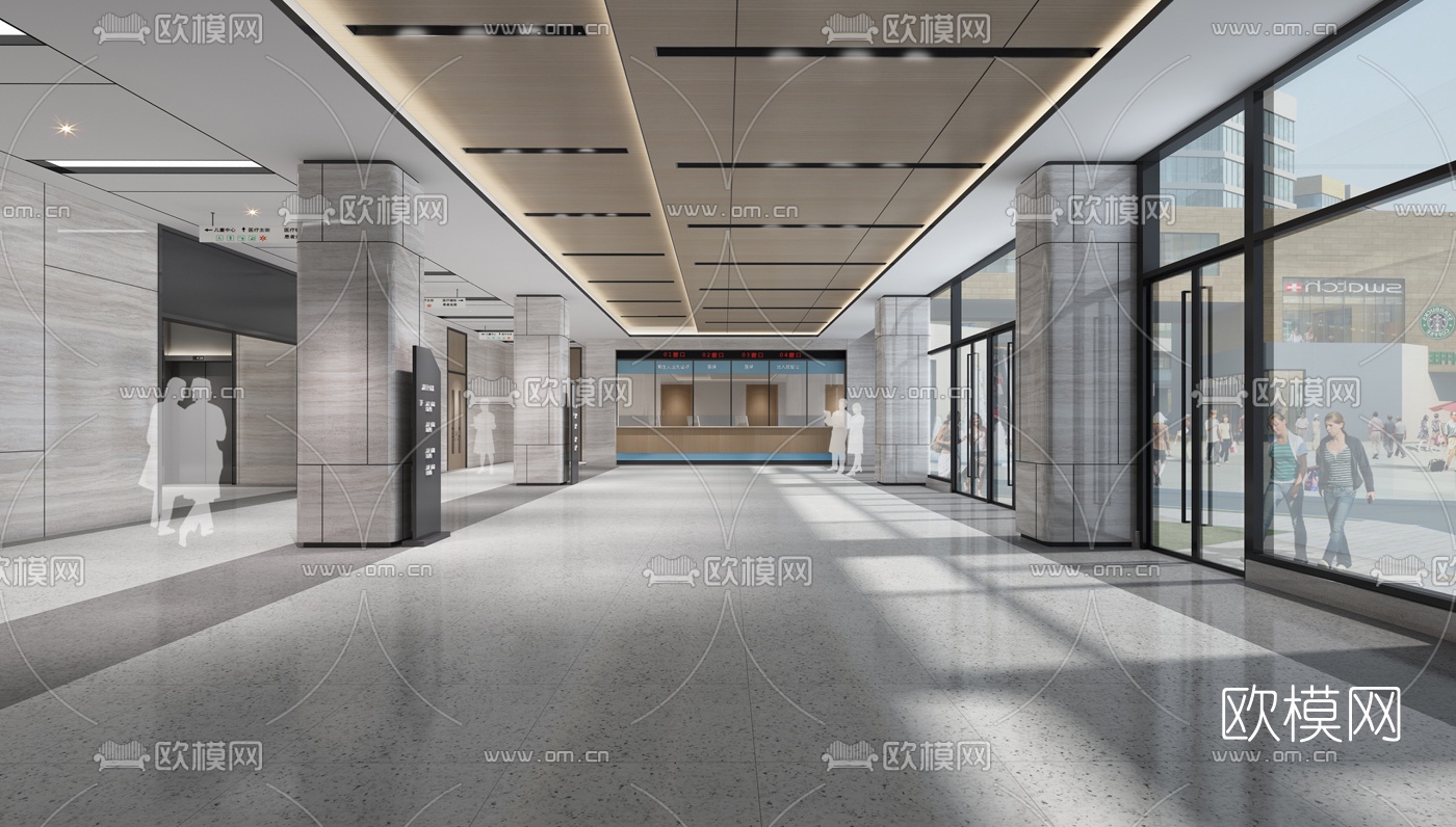现代医院大厅电梯厅3d模型下载（渲染图1）