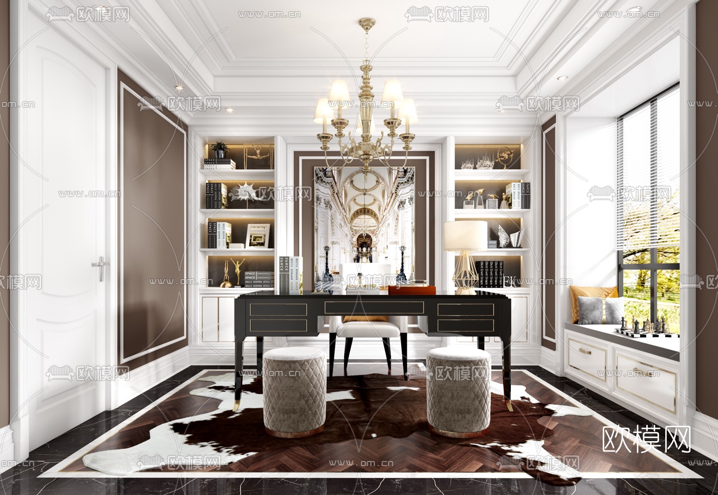 简美轻奢书房3d模型下载
