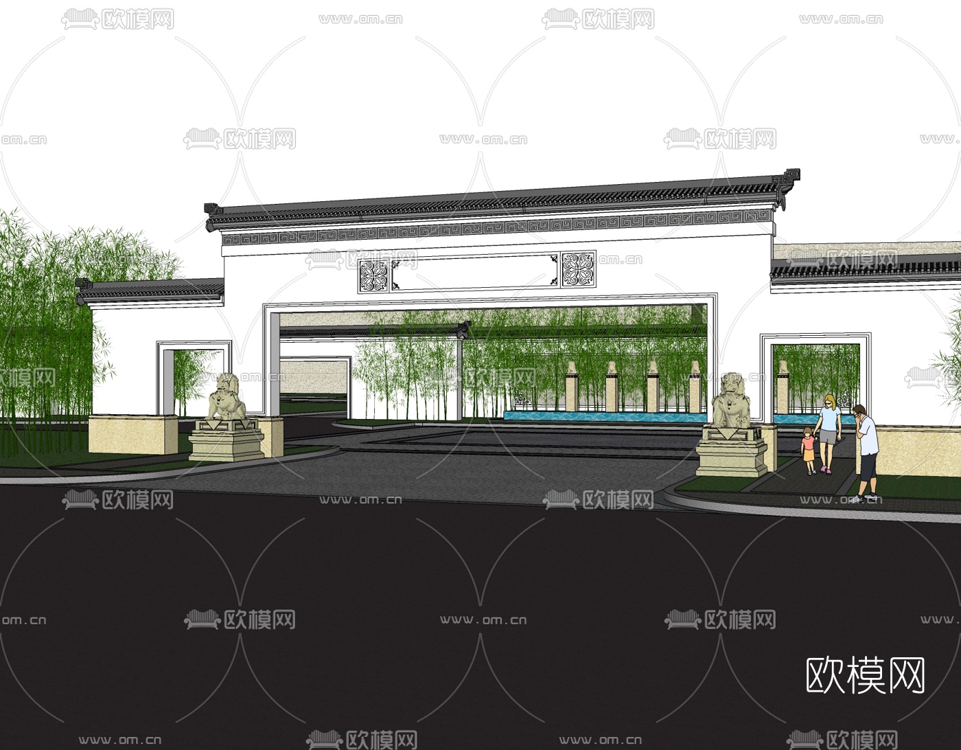 新中式小区门头免费su模型下载