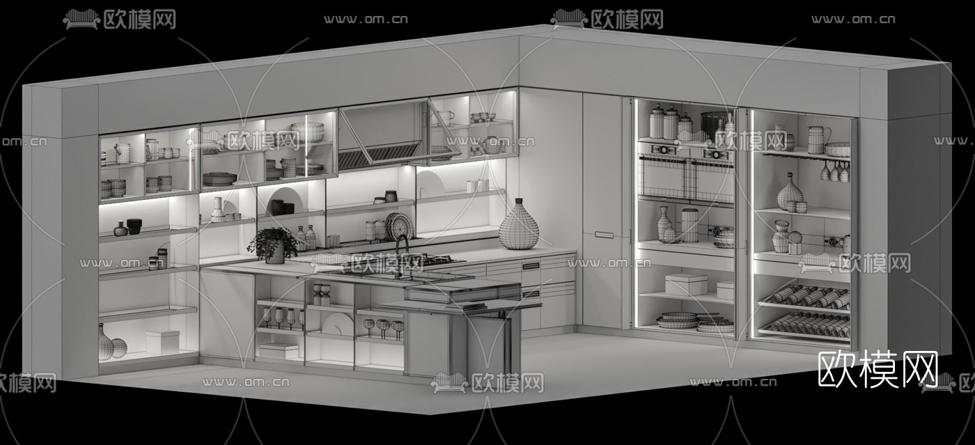 现代实木转角橱柜餐具3d模型