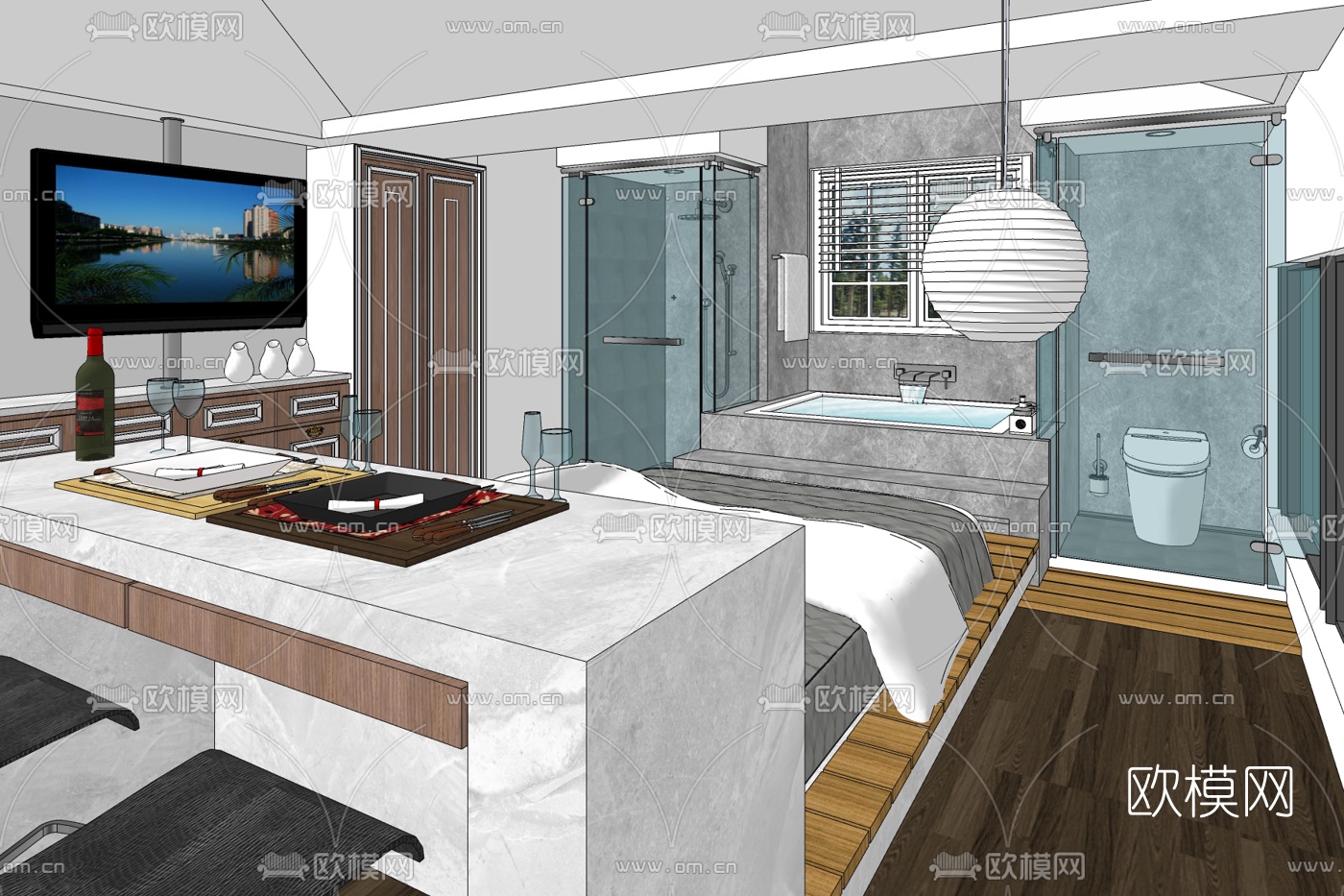 现代酒店客房免费su模型下载