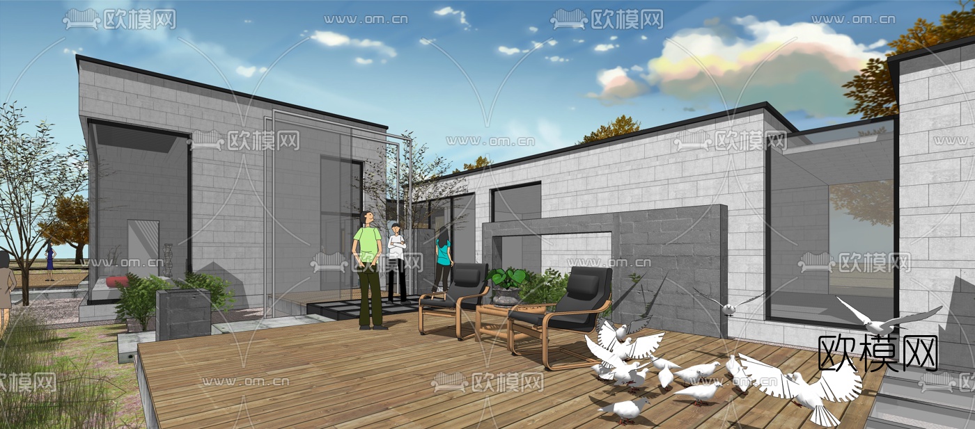 现代别墅景观su模型下载（渲染图1）