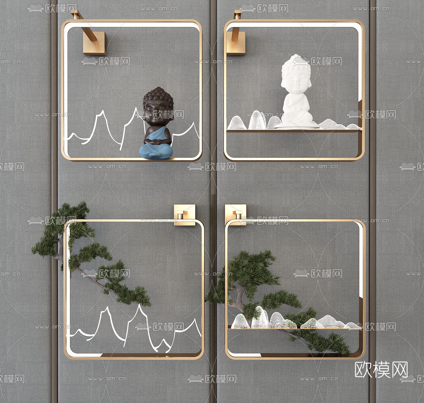 中式小佛人松树壁灯3d模型下载